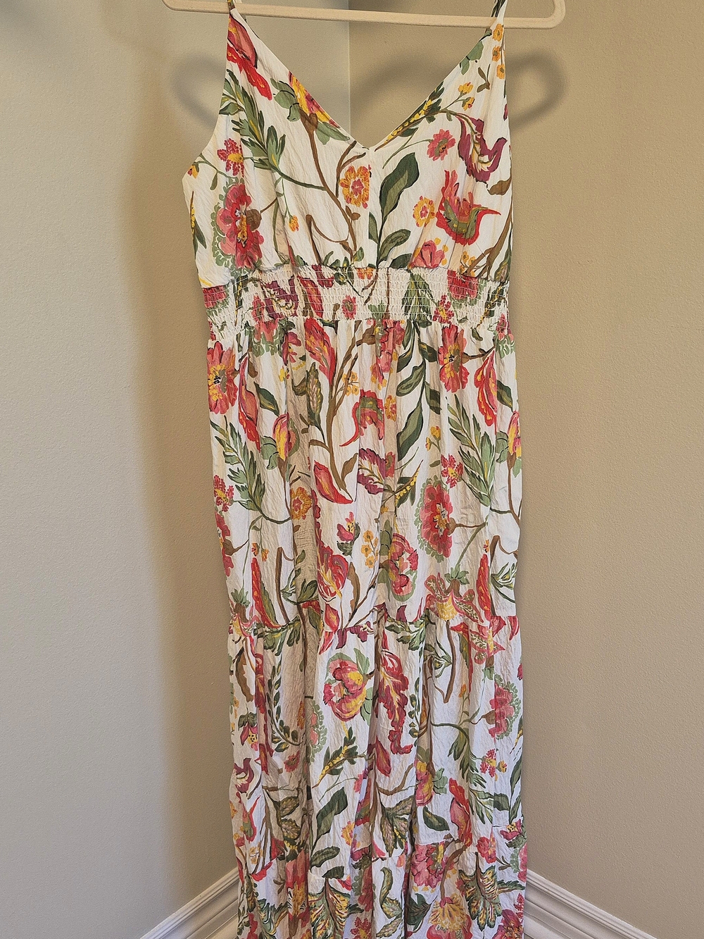 Suzy Shier White Maxi Dress with Pink & Green Floral Print